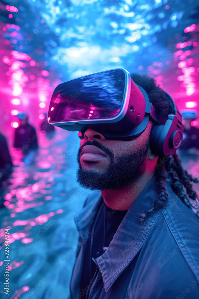 Young african american man with dreadlocks wearing virtual reality goggles in nightclub