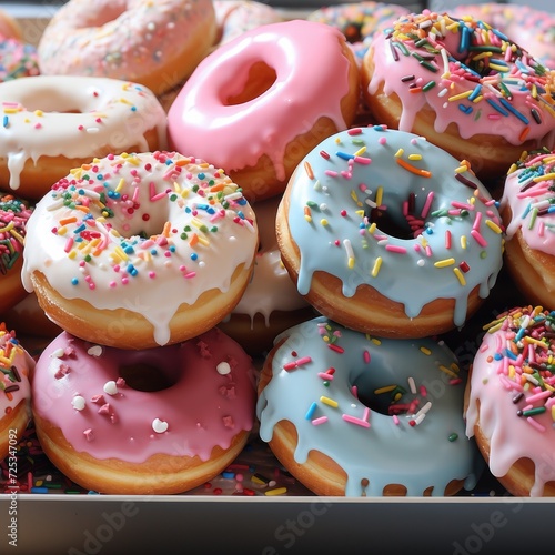 Tasty colorful donuts with sprinkles. Generative AI. © Simona