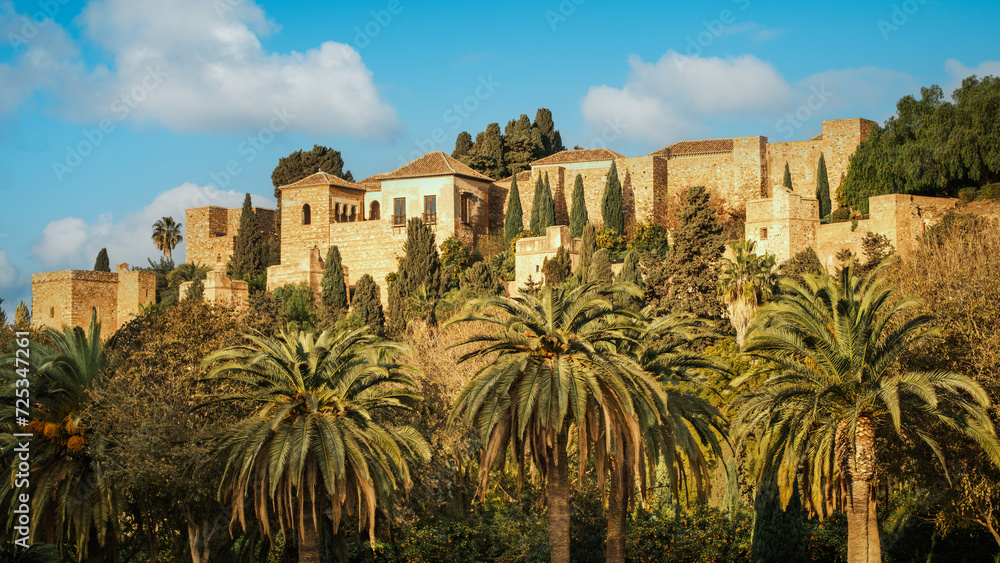 View of Alcazaba, Malaga, Spain. Malaga Alcazaba is considered one of the most beautiful in Spain. It was built on the slopes of the Gibralfaro mountain by Muslims during Middle Ages.