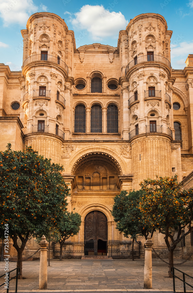 View of the north door of the Cathedral church (Catedral de la Encarnacion) of Malaga, Spain. The construction of the cathedral started in the 16th century, and it remains unfinished to this day.