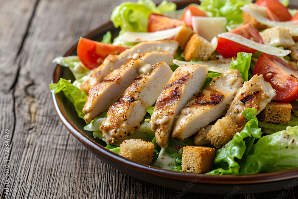 Photo caesar salad with chicken fillet tomatoes Photo caesar salad with chicken fillet tomatoes