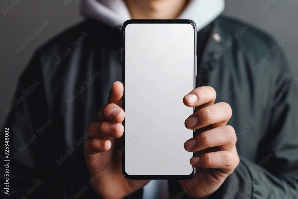 Close up of a man holding smartphone with blank screen. Mock up