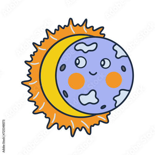 Partial solar eclipse. Colorful vector isolated illustration hand drawn doodle. Cute smiling sun and moon. Icon or card, print clip art with contour