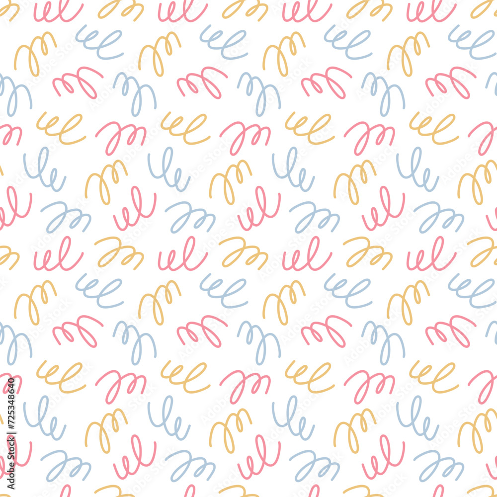 Abstract twisted doodle elements seamless vector pattern. Cute hand drawn modern background for kids room decor, nursery art, apparel, gift, fabric, textile, wrapping paper, wallpaper, packaging.
