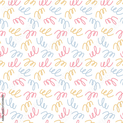 Abstract twisted doodle elements seamless vector pattern. Cute hand drawn modern background for kids room decor, nursery art, apparel, gift, fabric, textile, wrapping paper, wallpaper, packaging.