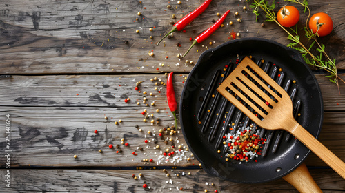 Grill pan with spices on wooden background photo