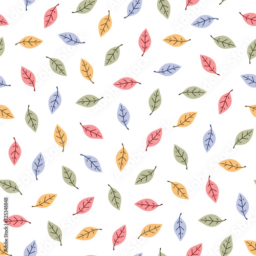 Autumn seamless vector pattern with floral motif. Cute hand drawn colorful leaves. Scandi woodland background for apparel, fabric, wallpaper, textile, packaging, card, gift, wrapping paper.