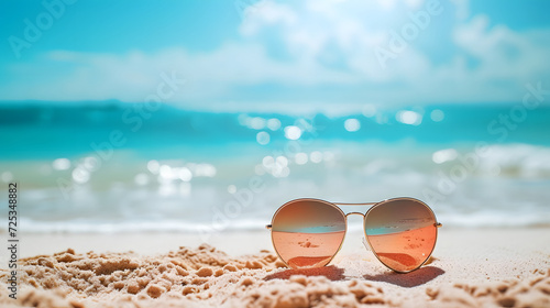 Summer Beach Vacation Sunglasses on Sandy Shore with Sea Background