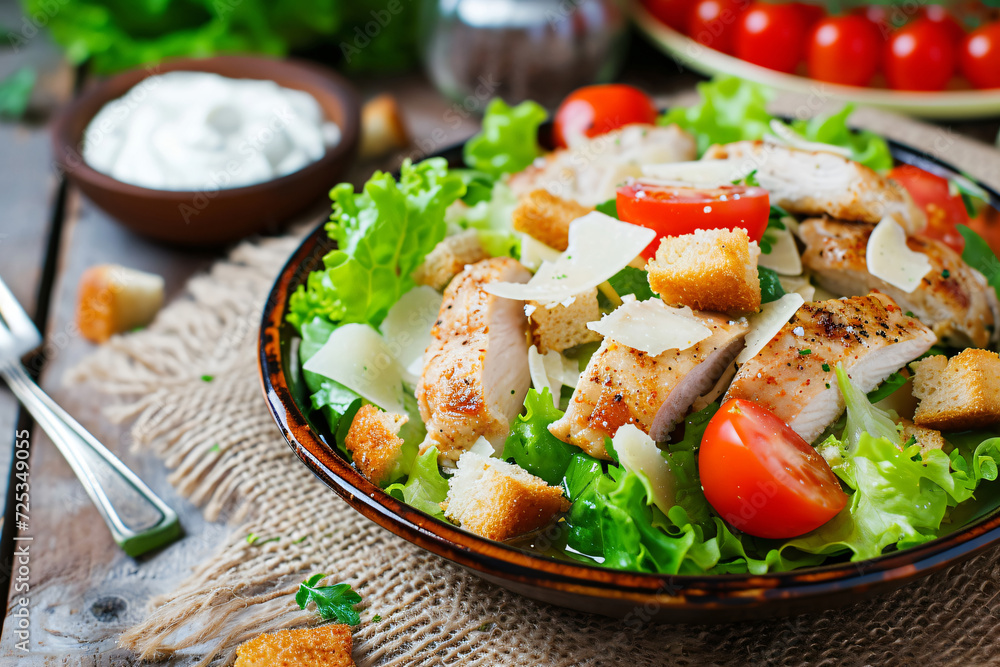 Photo caesar salad with chicken fillet tomatoes Photo caesar salad with chicken fillet tomatoes