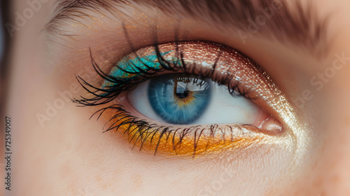 Vivid Makeup with Blue Eye and Colored Mascara Detail Beauty Concept