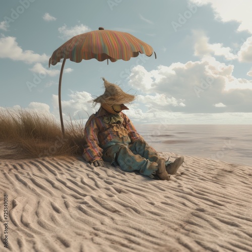 The lonely scarecrow sitting on sand dune in the beach. 3d rendering photo