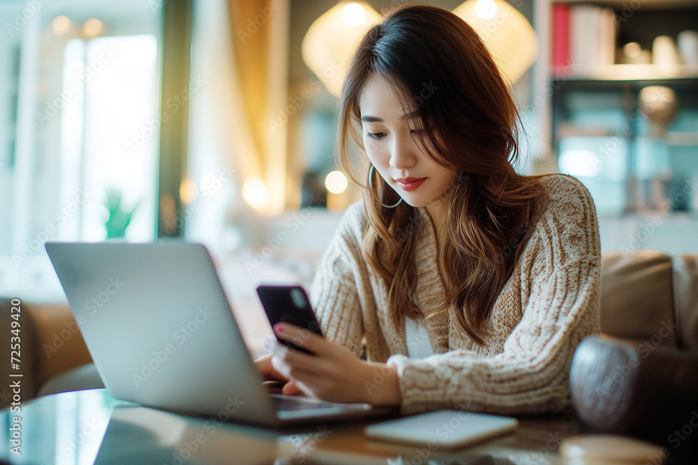Business woman sitting at table using mobile smart phone during working on laptop computer at home office. Young Asian woman freelancer surfing the internet, online working from home Business woman sitting at table using mobile smart phone during working on laptop computer at home office. Young Asian woman freelancer surfing the internet, online working from home