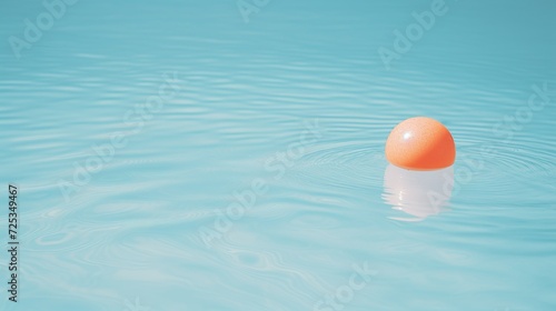 A simple yet tranquil scene with a single orange ball floating on the calm surface of a clear blue swimming pool, evoking serenity and simplicity. © logonv