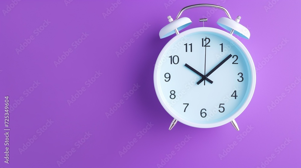 Classic white alarm clock against a purple backdrop, evoking a sense of urgency and a retro style in timekeeping, ideal for articles on time management with space for text. Classic white alarm clock against a purple backdrop, evoking a sense of urgency and a retro style in timekeeping, ideal for articles on time management with space for text.