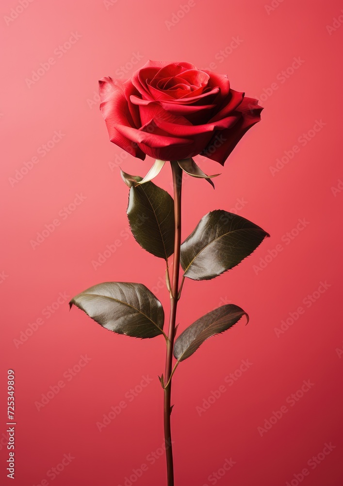 Beautiful red rose on a red background. Valentine's gift. Generative AI. Beautiful red rose on a red background. Valentine's gift. Generative AI.