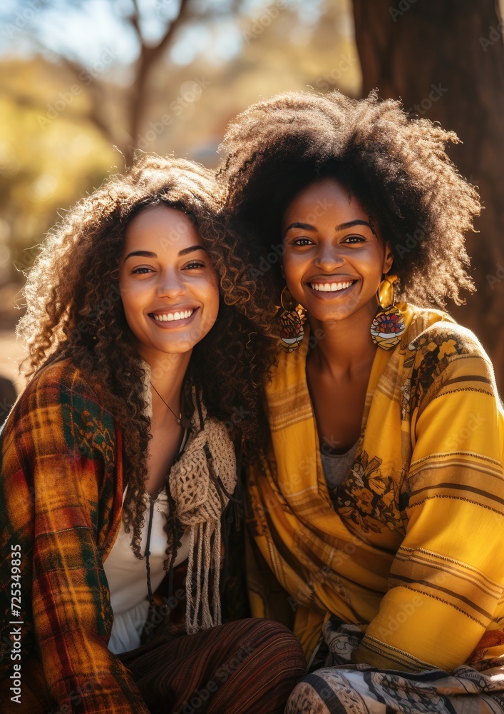 Fototapeta premium Two beautiful African women enjoying time together. Generative AI.