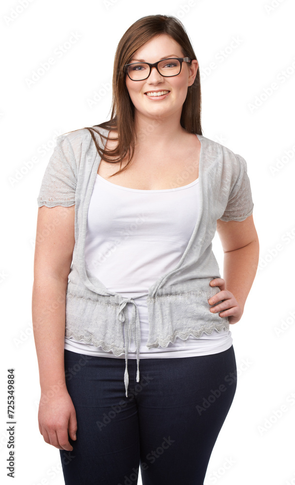 Obraz premium Casual fashion, portrait and plus size model with glasses, smile and girl isolated on white background. Confident, body positivity and happy woman with pride, wellness and relax on studio backdrop