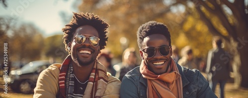 Two smiling dark-skinned men in the park. Generative AI. © Simona