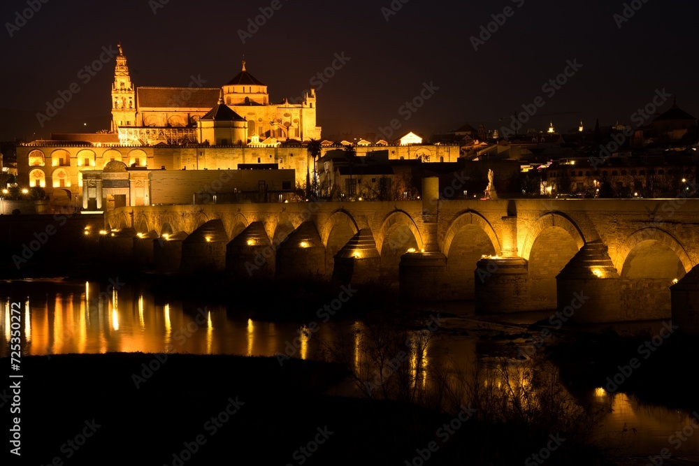 Night view of the Roman Bridge over the Guadalquivir River with the Mosque-Cathedral