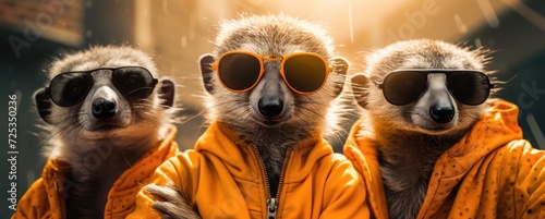Adorable meerkats sporting yellow hoodies evoke a sense of charm and humor. photo