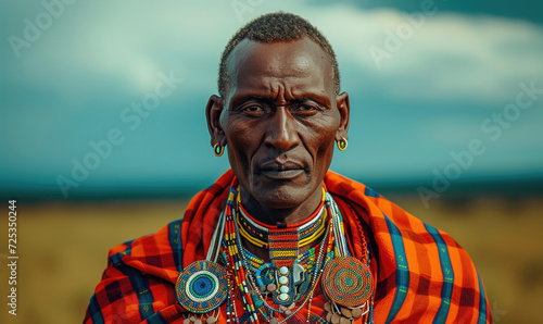 Maasai man in traditional wear and Beads jewelry looking at the camer photo