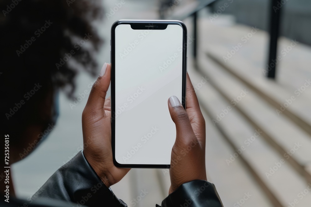 Mockup image of a woman holding a smartphone with blank screen