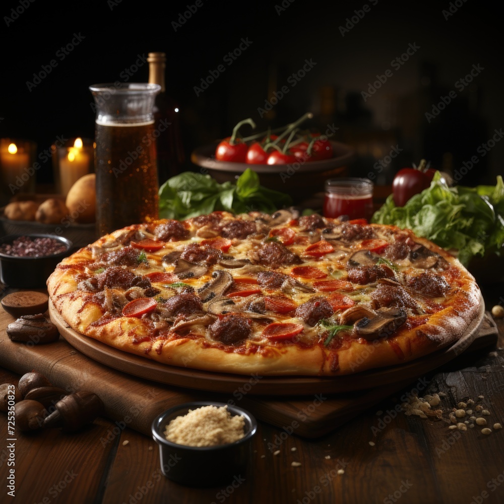 Wooden table setting showcasing a delicious large pizza image generative AI