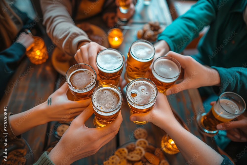 Group of people cheering and drinking beer at bar pub table. - obrazy, fototapety, plakaty 