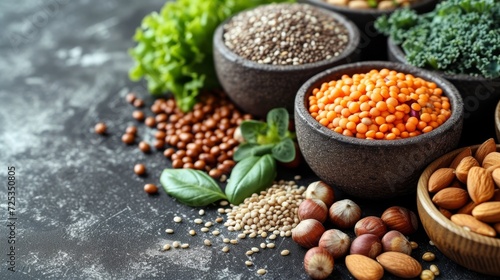 Vegan food with nuts, beans, greens and seeds. A gray background with copy space.