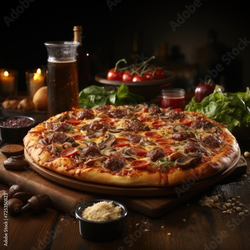 Wooden table setting showcasing a delicious large pizza image generative AI