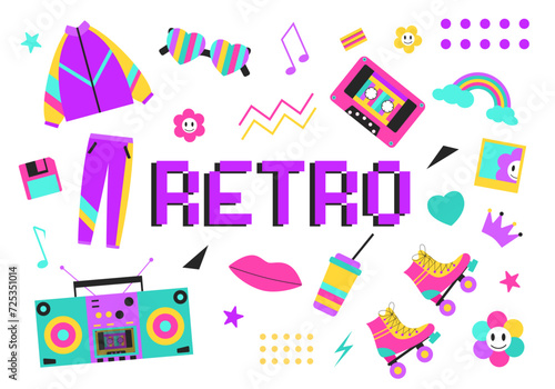 80s-90s retro style set. Retro items in neon colors. Modern flat illustration. 