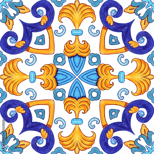 Majolica watercolor seamless pattern. Sicilian hand drawn ornament. Traditional blue and yellow ceramic tiles. Portuguese traditional azulejo pattern. Moroccan style..