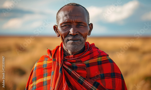 Maasai man in traditional wear and Beads jewelry looking at the camer photo