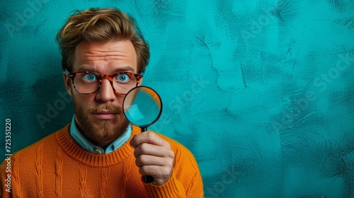 A funny man holding a magnifying glass, looking at something through it, standing against a turquoise background in an orange sweater