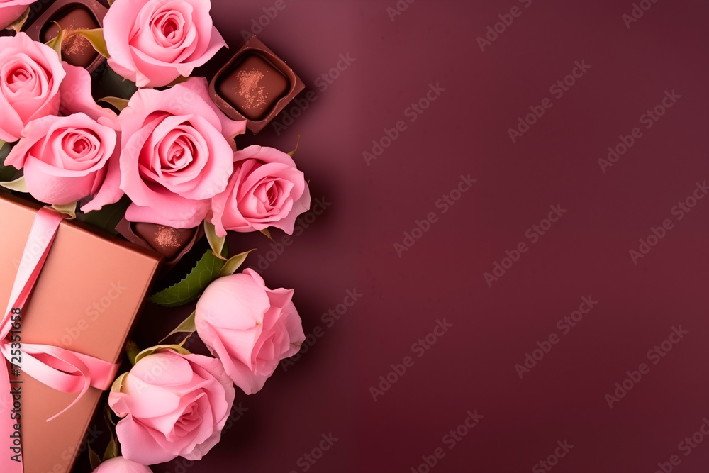 Fototapeta premium bouquet of pink roses and candy. background for valentine's day, birthday, holiday. A beautiful bouquet for congratulations.