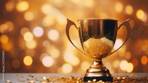 Champion's Cup. image of a golden trophy on a wooden table and a dark background, with abstract shiny lights.