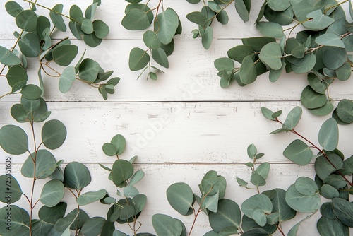 Eucalyptus branches and leaves on wooden rustic