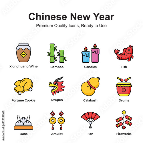Pack of chinese new year icons in trendy style