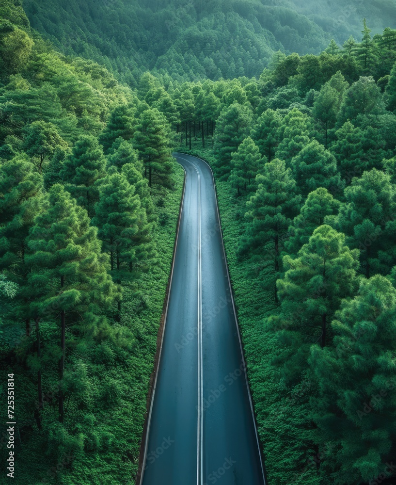 beauty scene with road and green forest