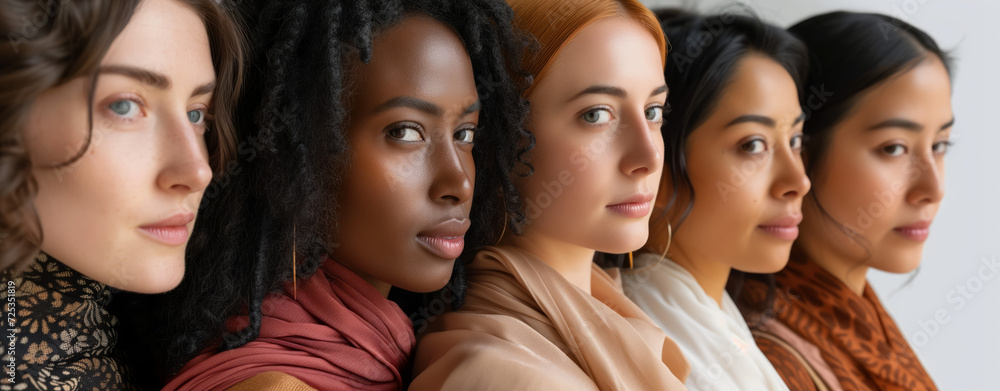Diverse Female Perspectives - Side by Side. A panoramic portrait of diverse women, showcasing beauty across cultures. Diverse Female Perspectives - Side by Side. A panoramic portrait of diverse women, showcasing beauty across cultures.