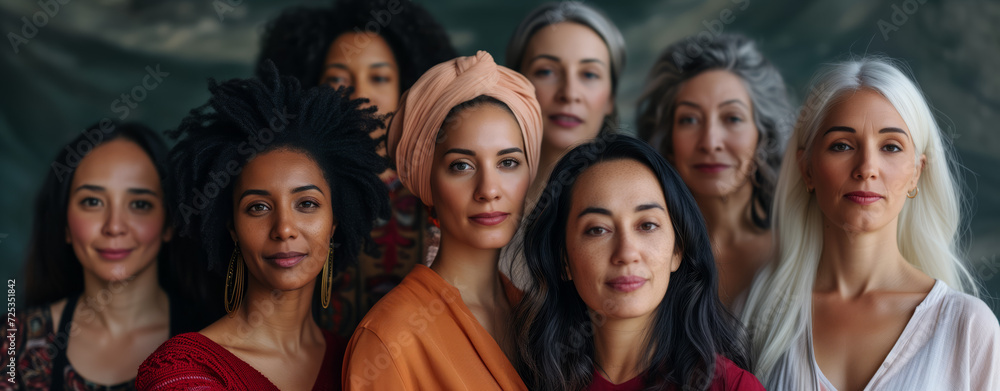 United in Diversity - Women's Collective Portrait. A panoramic view capturing the essence and diversity of women from different backgrounds.