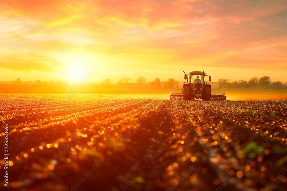 Tractor Sowing Seeds at Golden Sunset. A tractor sowing seeds in the farm field during a captivating golden sunset, with dew on the soil glistening. Tractor Sowing Seeds at Golden Sunset. A tractor sowing seeds in the farm field during a captivating golden sunset, with dew on the soil glistening.
