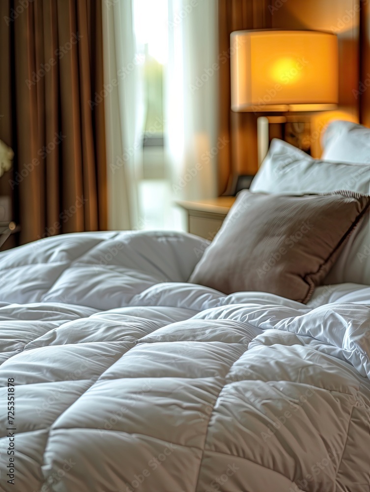 A mattress cover with square grid Quilted were bound with purified cotton in Luxury hotel room A mattress cover with square grid Quilted were bound with purified cotton in Luxury hotel room