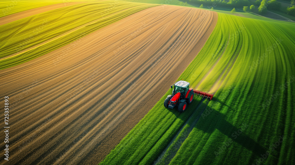 Aerial View of Tractor on Textured Fields. Aerial shot of a red tractor creating texture on green and brown fields, showcasing agricultural patterns.