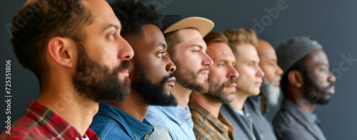 Side Profile of Diverse Men in Lineup. A side profile view of a diverse group of men, highlighting multicultural representation and unity. © GustavsMD