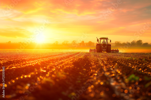Tractor Sowing Seeds at Golden Sunset. A tractor sowing seeds in the farm field during a captivating golden sunset, with dew on the soil glistening.