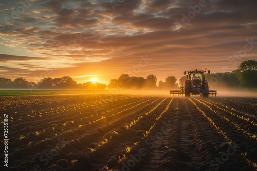 Tractor Tilling Soil at Sunrise in Misty Field. Early morning mist surrounds a tractor tilling the soil in a lush field, highlighted by the sunrise's soft light. photo