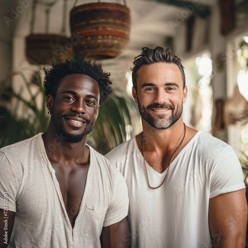 Portrait of two handsome men doing modeling. Dark skinned people. Generative AI.