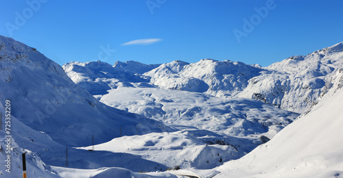 Panorama view of the Julier Pass valley with snow covered Alps, Canton Grisons, Switzerland