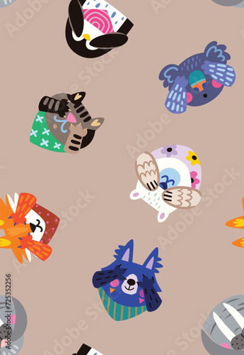 Cartoon portraits of animals playing hide and seek seamless pattern
